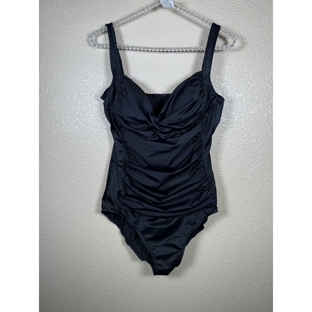 Trimshaper One‎ Piece Shirred Swimsuit Size 16 Black Vacation Resort Beachwear